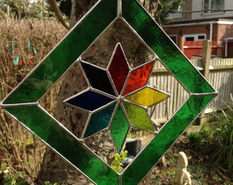 Green Stained Glass Suncatcher. Multi Coloured Star, Handmade Hanging Rainbow Art Panel, Window Decoration, Garden Decor - CRhodesGlassArt