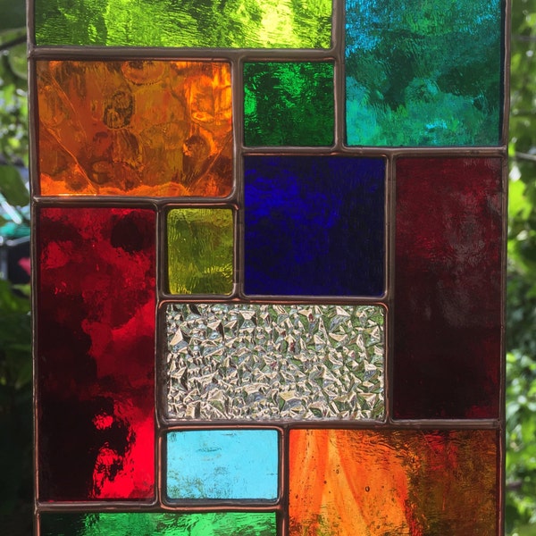 Stained Glass Panel. Multi Coloured Abstract Suncatcher, Copper Handmade Home Decoration Art, Garden Rainbow Decor Gift - CRhodesGlassArt