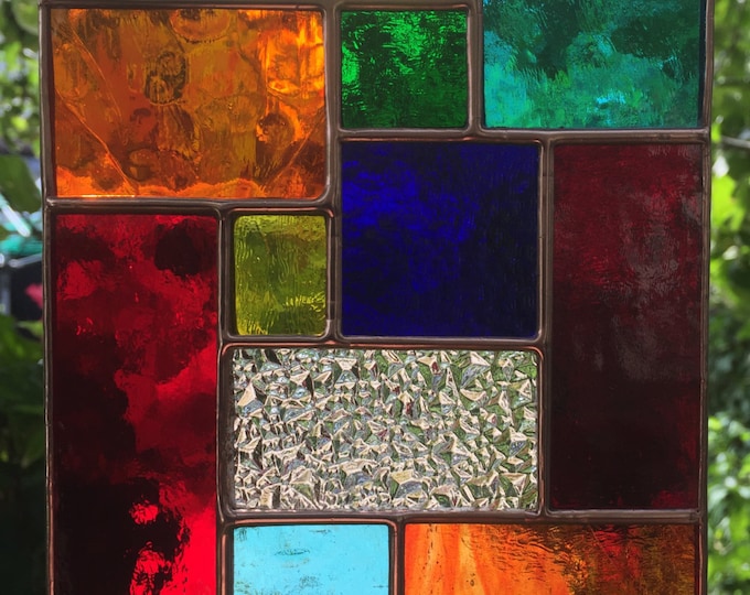 Stained Glass Panel, Multi Coloured Copper Abstract Suncatcher, Handmade Garden Home Decor Art,