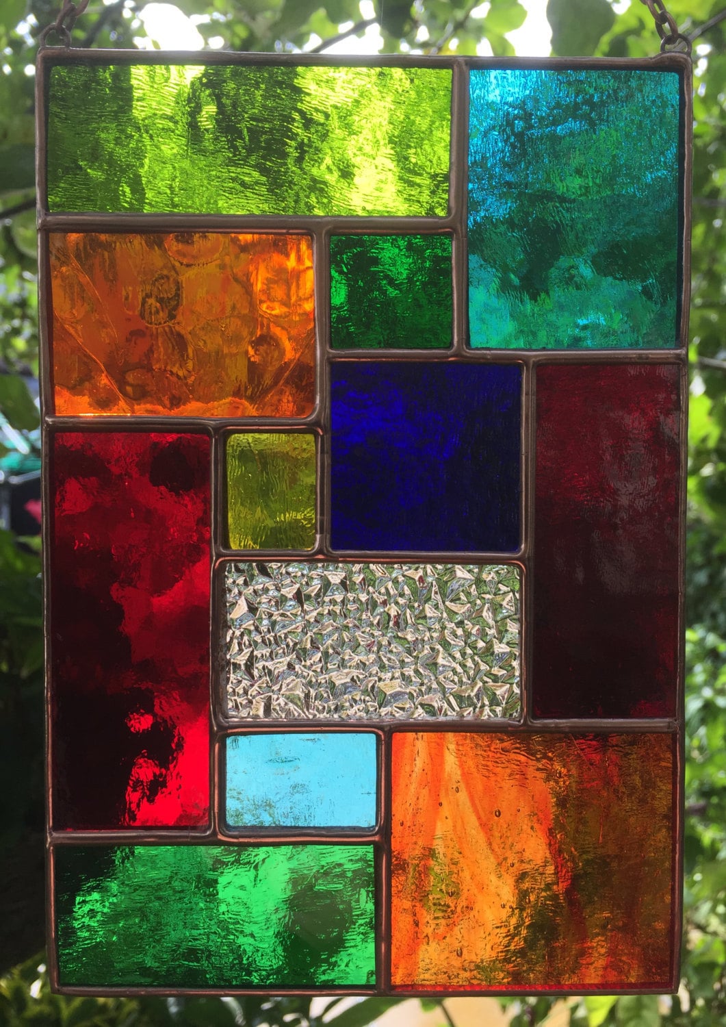 Handmade Stained Glass Suncatcher: Multi-Colored Abstract Copper Art