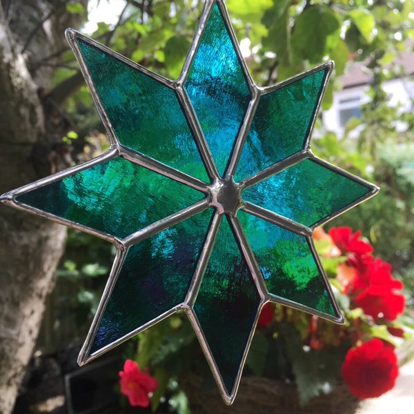 Stained Glass Star Suncatcher. Teal Blue Coloured Art Panel, Handmade Aqua Hanging Window Decoration, Garden Sun Catcher - CRhodesGlassArt