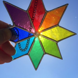 Stained Glass Panel. Rainbow Star Suncatcher, Handmade Multi Coloured Hanging Window Art Decoration, Colourful Garden Decor. CRhodesGlassArt image 4