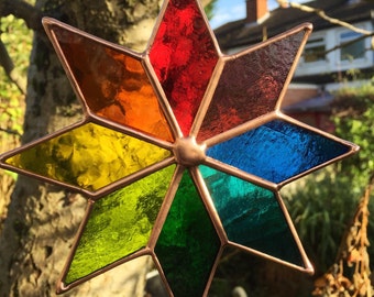 Stained Glass Star. Copper Rainbow Suncatcher, Multi Coloured Handmade Hanging Window Panel, Garden Art Home Decoration - CRhodesGlassArt