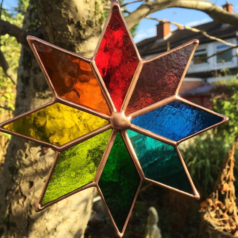 Stained Glass Star. Copper Rainbow Suncatcher, Multi Coloured Handmade Hanging Window Panel, Garden Art Home Decoration CRhodesGlassArt image 1