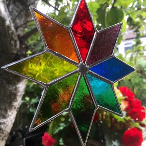 Stained Glass Panel. Rainbow Star Suncatcher, Handmade Multi Coloured Hanging Window Art Decoration, Colourful Garden Decor. CRhodesGlassArt image 2