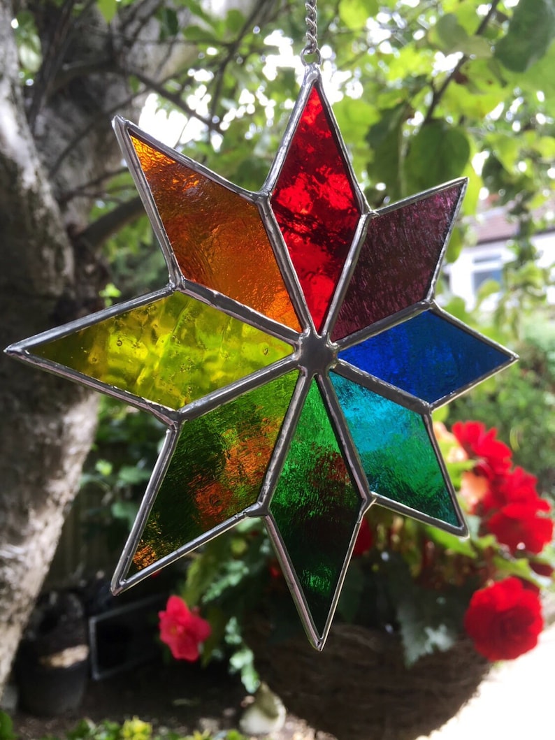 Stained Glass Suncatcher Rainbow Star Multi Colour Garden Etsy UK