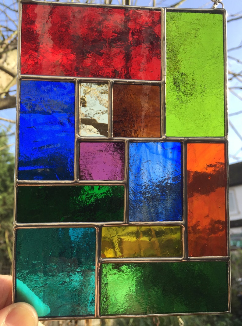 Stained Glass Panel. Multi Coloured Abstract Suncatcher, Handmade Hanging Window Indoor Home Decoration, Garden Decor Art CRhodesGlassArt image 1