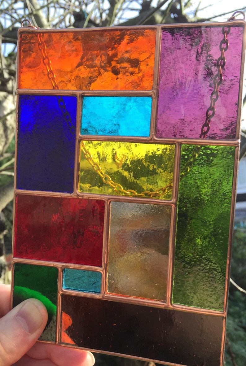 Stained Glass Panel Copper Multi Coloured Abstract Etsy Singapore
