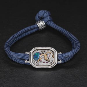 Opal Bracelet - Australian Opal, Silver Industrial Steampunk Opal Bracelet, Navy Parachute Cord, Vintage Brass Case, Men&#39;s Watch
