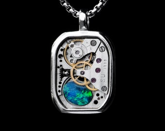 Opal Steampunk Anhänger: Sterling Silber Dog Tag, australischer Opal
