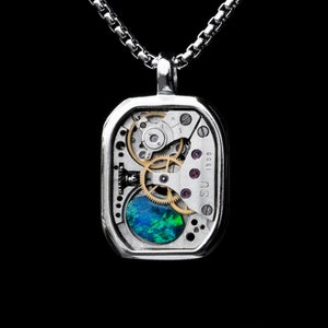 Opal Steampunk Pendant, Sterling Silver Dog Tag with Opal, Blue Australian Opal - THE QUARRY