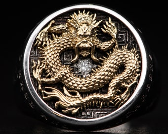 Gold Dragon Signet Ring, Silver and Gold Dragon Ring, Diamond and Ruby Men's Classic Ring, Chinese, Asian Jewellery, Antique Coins