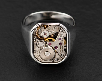 Anillo suizo, Steampunk, Anillo de reloj reciclado, Plata de ley 925, Mecánico, Anillo único para hombres - SLIM SIR