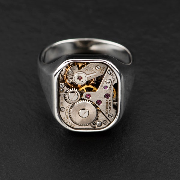 Swiss Ring, Steampunk, Recycled Watch Ring, Sterling Silver 925, Mechanical, Unique Men's Ring - SLIM SIR