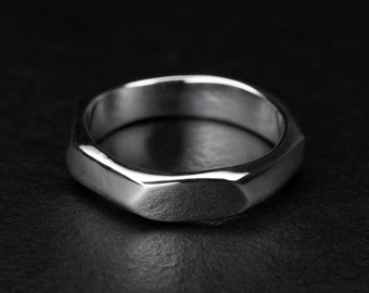 Geometric Wedding Band, Sterling Silver Wedding Band, Organic, Unique Everyday Band - FACET