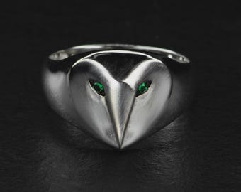 Owl Ring, Animal Ring, Sapphire, Ruby, Emerald, Handmade Owl, Australian Sapphires, Deep Blue Eyes, Sterling Silver Signet - MESSENGER