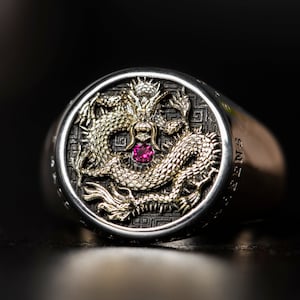 Dragon Signet Ring, Silver and Gold Dragon Ring, Diamond and Ruby Men&#39;s Classic Ring, Chinese, Asian Jewellery, Antique Coins