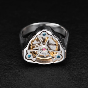 Spinning, Kinetic Mechanical Ring, Tourbillion Movement, Sterling Silver, Recycled Watch Part, THE NAVIGATOR