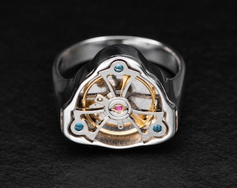 Spinning, Kinetic Mechanical Ring, Tourbillion Movement, Sterling Silver, Recycled Watch Part, THE NAVIGATOR
