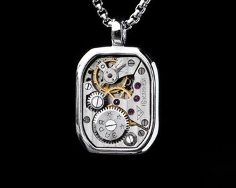 Dog Tag, Vintage Sterlingsilber Anhänger, Recycelte russische Uhr, Mechanische Kunst, Herren Anhänger, Unisex Design, Steampunk - DOG TAG