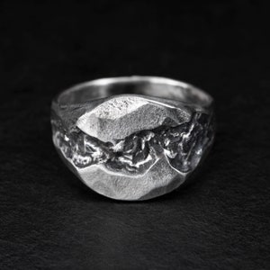 Carved Signet Ring, Textured, Scarred, Rustic Sterling Silver Ring, Contemporary Decay, Atrophy, Worn, Rugged, Black Silver - SCAR