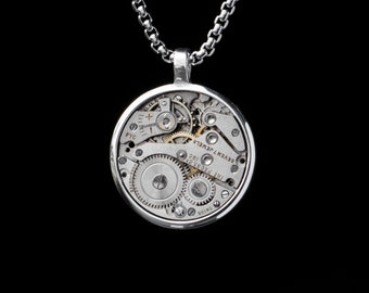 Medallion, Vintage Silver Pendant, Handcrafted, Steampunk Pendant, Recycled Swiss Watch- SWISS MEDALLION