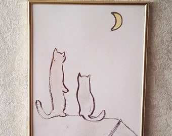 Cats on the Roof Watching the Moon  Ink painting print A4 poster