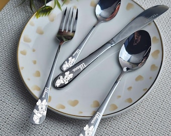 Personalized Kids Cutlery Set, Engraved Cartoon Utensils, Stainless Steel Flatware