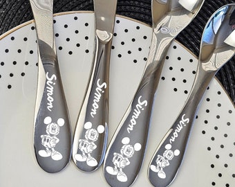 Childrens Engraved Cutlery, Kids Cutlery Set Of 4, Cartoon Characters Utensils, Toddler Cutlery, Personalized Tableware, Christening Gift