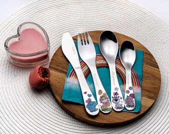 Personalised Childrens Cutlery set Flatware Tableware with CUSTOM Name and high quality color cartoon on handles