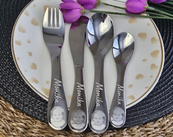 Engraved Photo Stainless Steel Children's Cutlery Set, Christening Gift