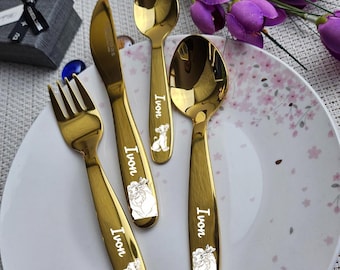 Personalized Cartoon Stainless Steel Kids Cutlery Set, Engraved Gift