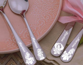 Engraved Kids Cutlery, Childrens Cutlery, Personalized Cutlery Set Of 4, Custom Flatware, Cartoon Characters Gift, Princess Cutlery Set