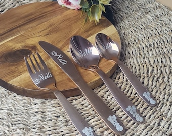 Childrens Cutlery set Flatware Personalized Tableware with CUSTOM Name AND favorite Cartoon Characters, age 2+  Rose Gold