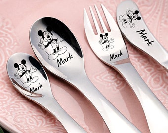 Cartoon Characters Cutlery, Set Of 4 Utensils, Kids Cutlery, Engraved Flatware, Personalized Cutlery, Childrens Cutlery, Goddaughter Gift