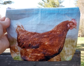 Upcycled Chicken Feedbag Zippered Pouch with Flat Bottom: Toiletry, Pencil, Gift Bag