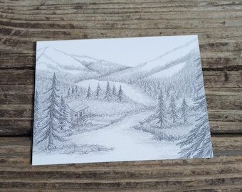 Nature Pencil Sketch Greeting Card: Mountains with Trees and a Cabin, Blank Note Cards
