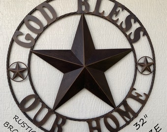 18",24",32",36",40",50" GOD BLESS OUR Home Barn Star Twisted Rope Ring Metal Art Western Home Decor Vintage Rustic Bronze Handmade New Art