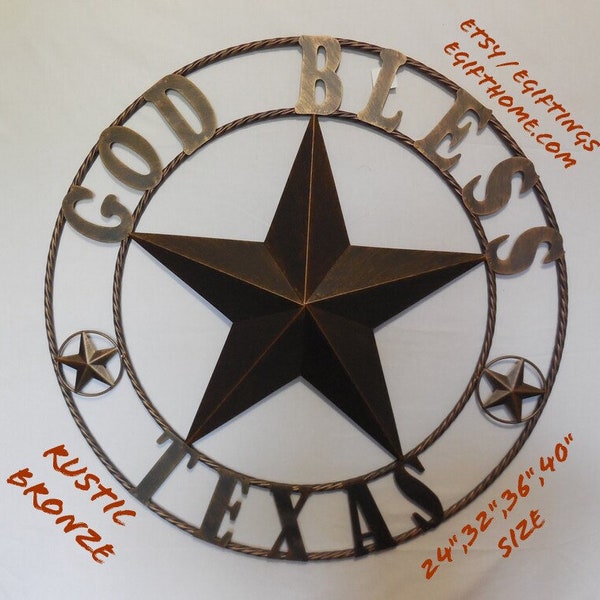 16",18",24",32" GOD BLESS TEXAS Barn Metal Star Twisted Rope Ring Metal Art Western Home Decor Vintage Rustic Bronze Copper New