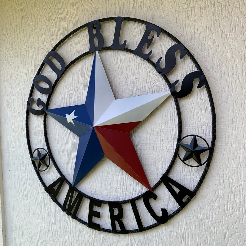 GOD Bless America Metal Barn Star Rope Ring Wall Red White Blue ...