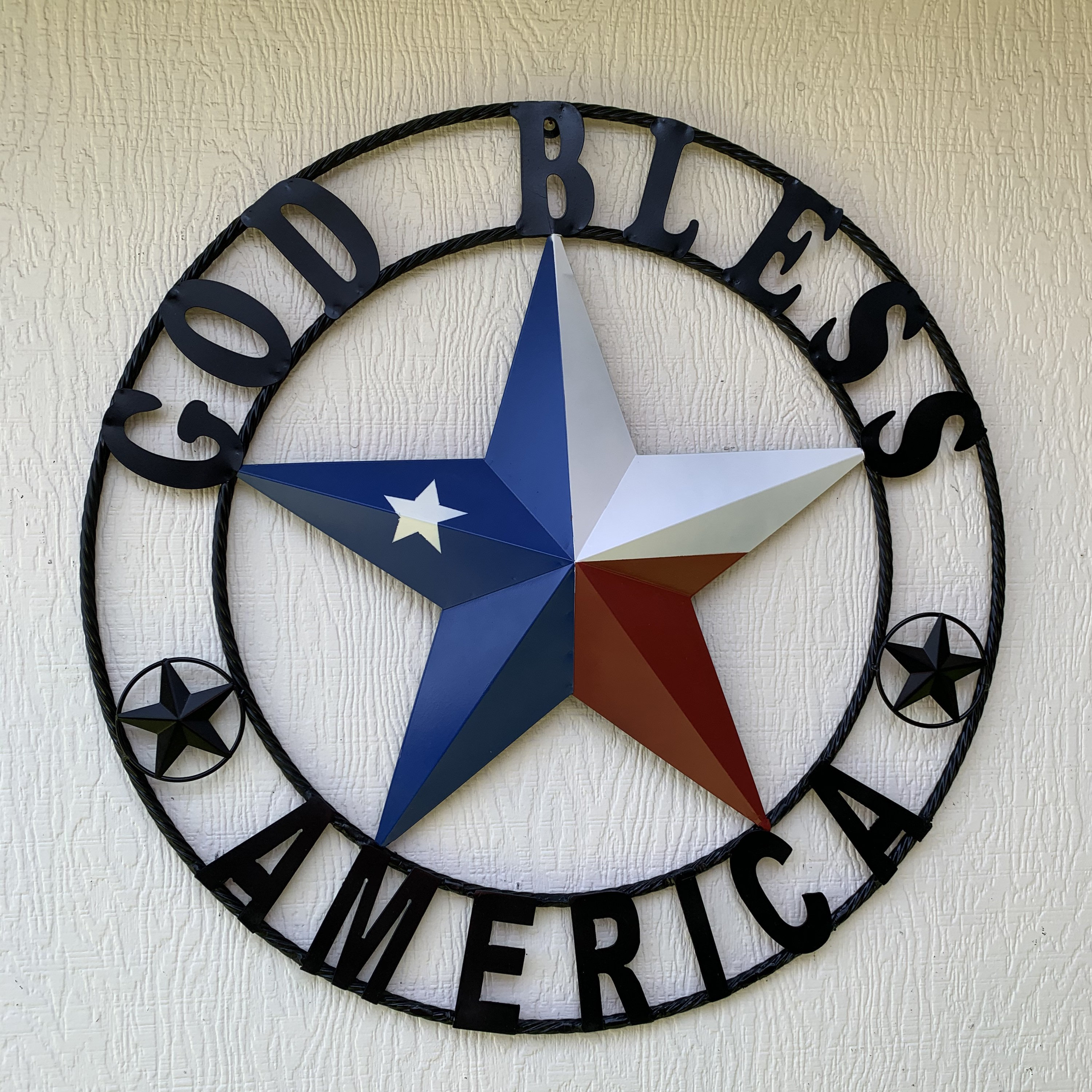 GOD Bless America Metal Barn Star Rope Ring Wall Red White Blue ...