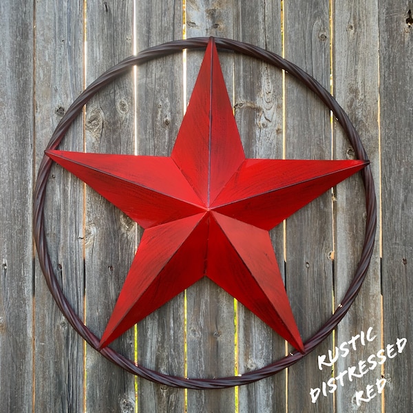 12",16", 24", 32",38"RUSTIC DISTRESSED RED Barn Lone star Metal Wall Art Brown Twisted Rope Ring Design or Solid or Barbwire Western
