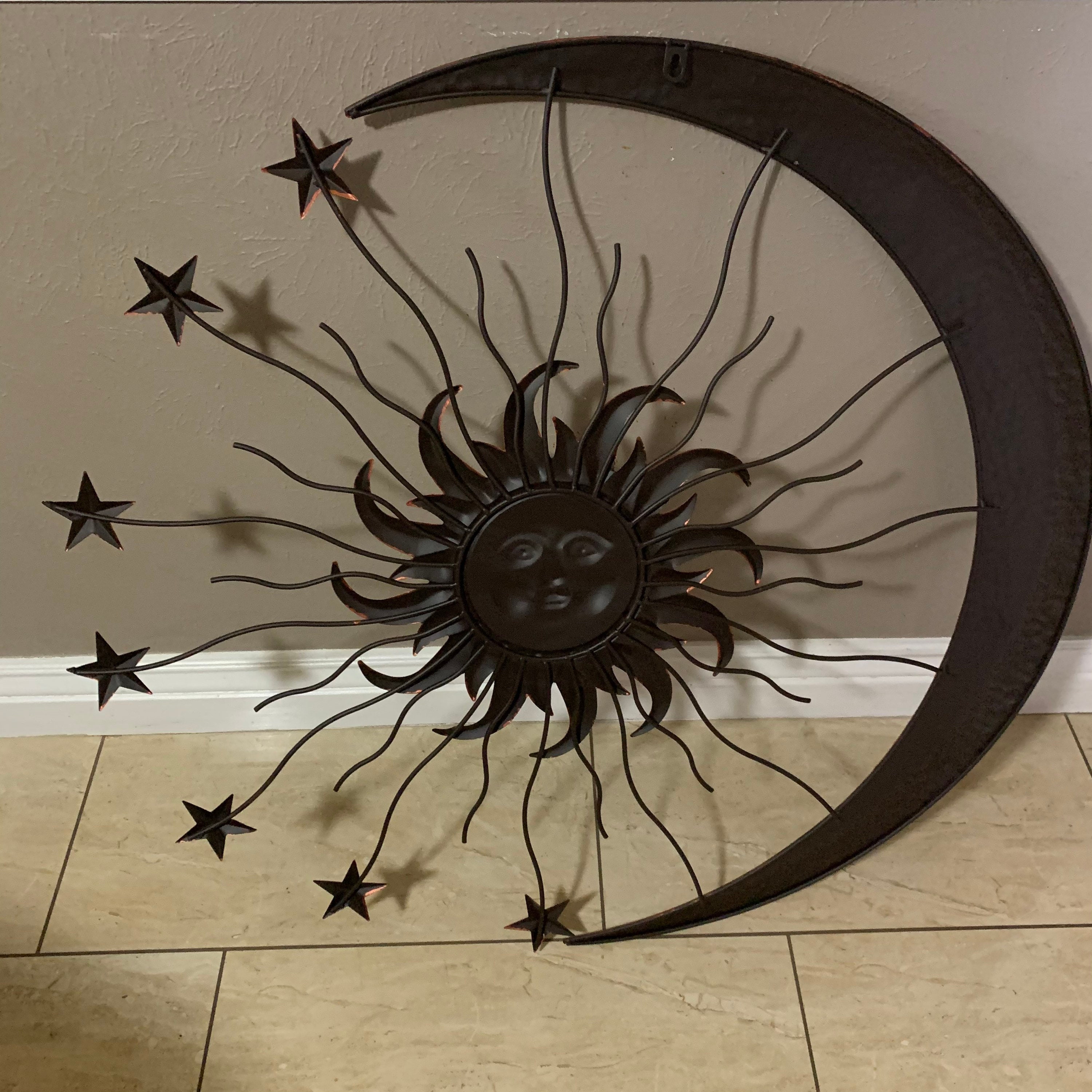 36" SUN MOON STARS 3D Metal Wall Sign Decor Sculpture Rustic Brown ...