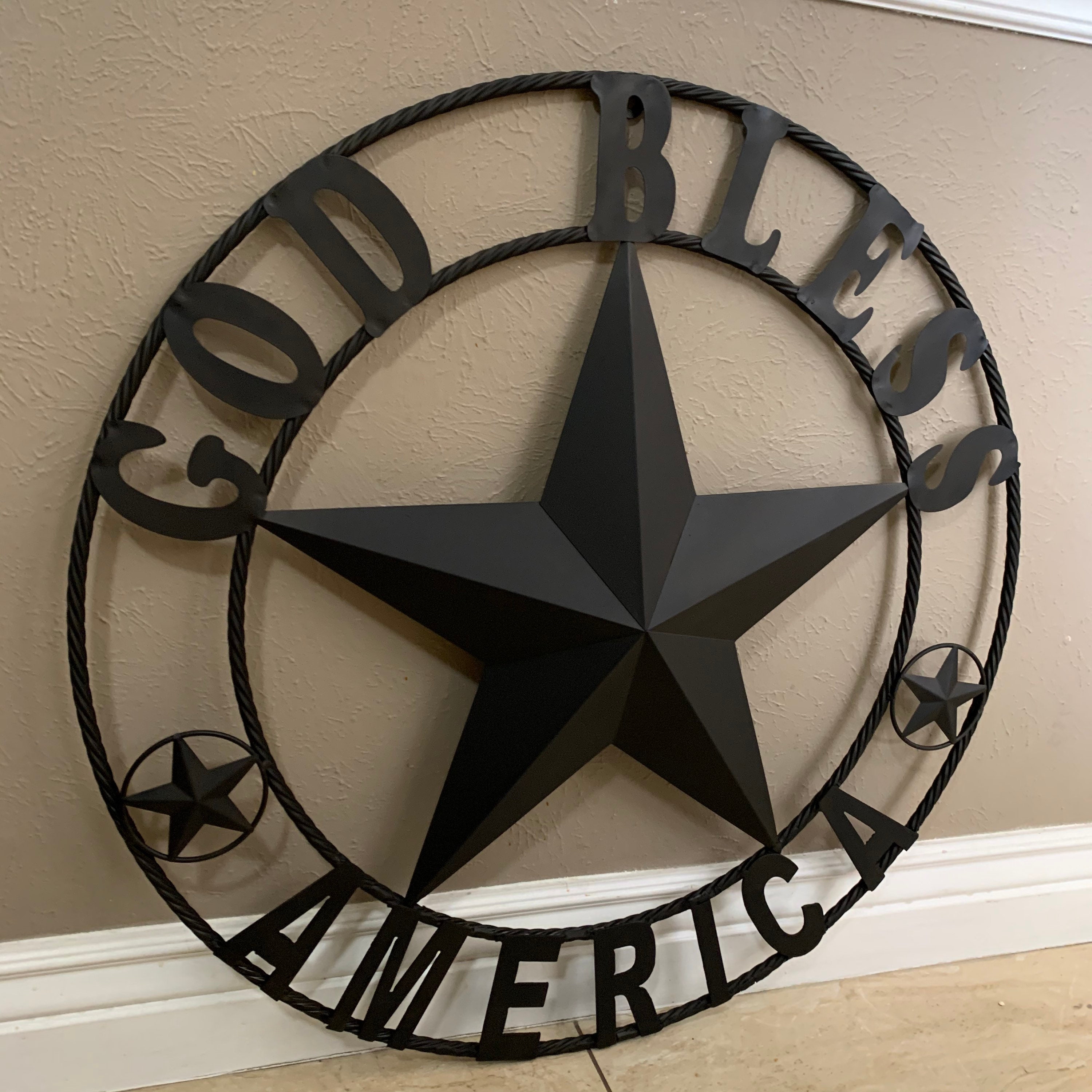 thumbnail image 2 of Large Brushed Copper Metal Barn Star Wall Decor - God Bless Our Home With Rope Ring - 26 Inch 2 of 4