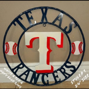 TEXAS RANGERS custom metal vintage craft team sign white T with Red Shade & Navy Blue Ring western home decor handmade to order