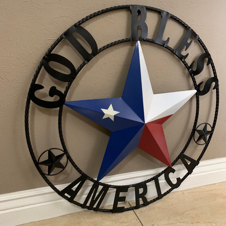 GOD Bless America Metal Barn Star Rope Ring Wall Red White Blue ...
