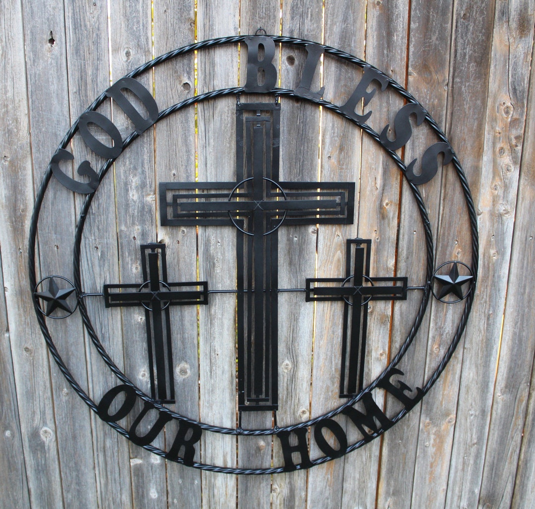 40 Three Crosses Crucifix With God Bless Our Home Handmade Metal Wall