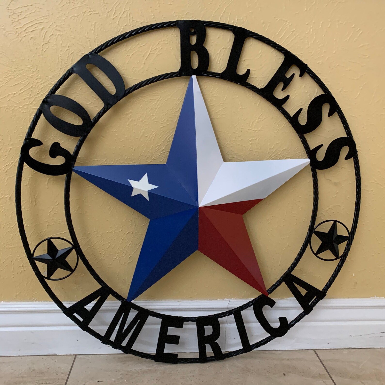 GOD Bless America Metal Barn Star Rope Ring Wall Red White Blue ...