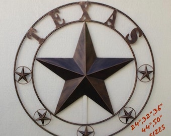 May include: A metal Texas star wall decor with a rustic brown finish. The star is surrounded by a circle with the word "TEXAS" in metal letters. The image shows the available sizes: 24", 32", 36", 44", and 50".
