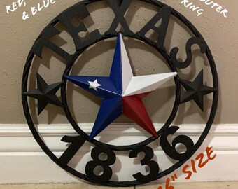 16" TEXAS 1836 Barn Star Metal Wall Sign Red white blue patriotic Black twisted Rope Ring Western Home Decor Handmade -- FREE SHIPPING